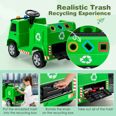 12V Kids Ride-on  Garbage Truck with Warning Lights and 6 Recycling Accessories-Green