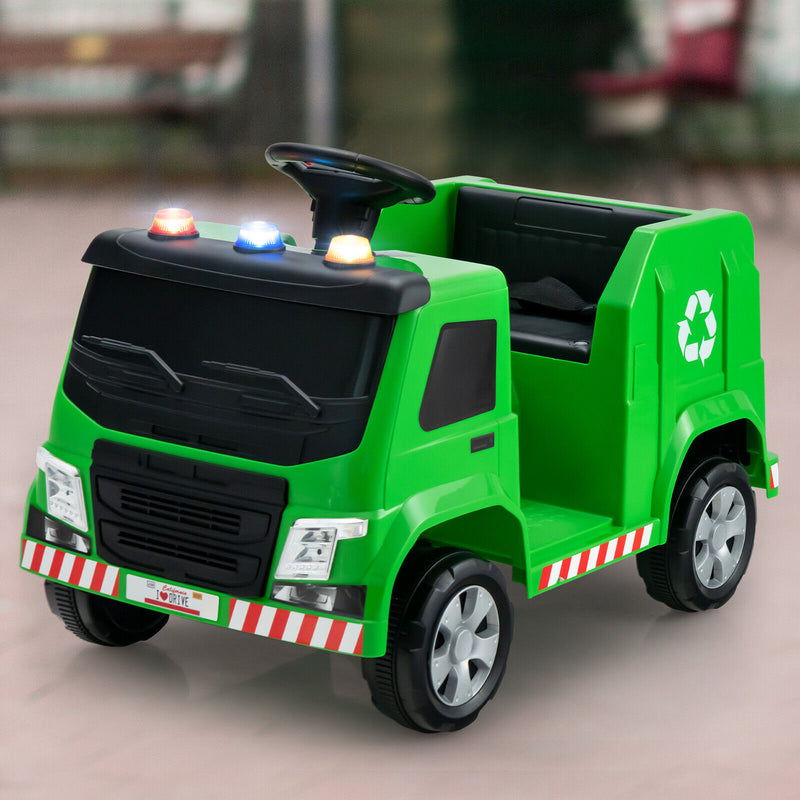 12V Kids Ride-on  Garbage Truck with Warning Lights and 6 Recycling Accessories-Green