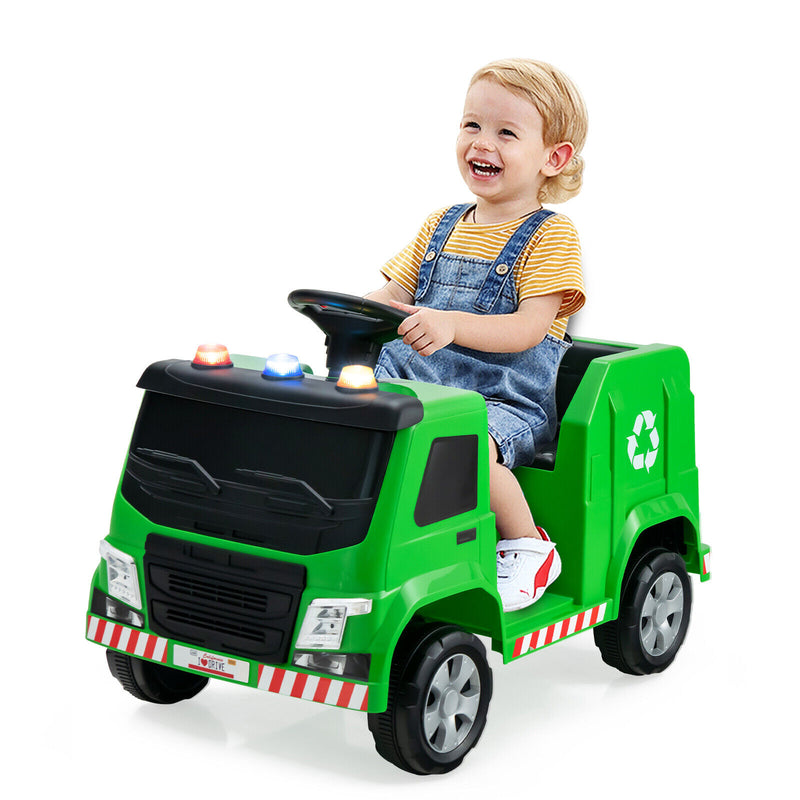 12V Kids Ride-on  Garbage Truck with Warning Lights and 6 Recycling Accessories-Green