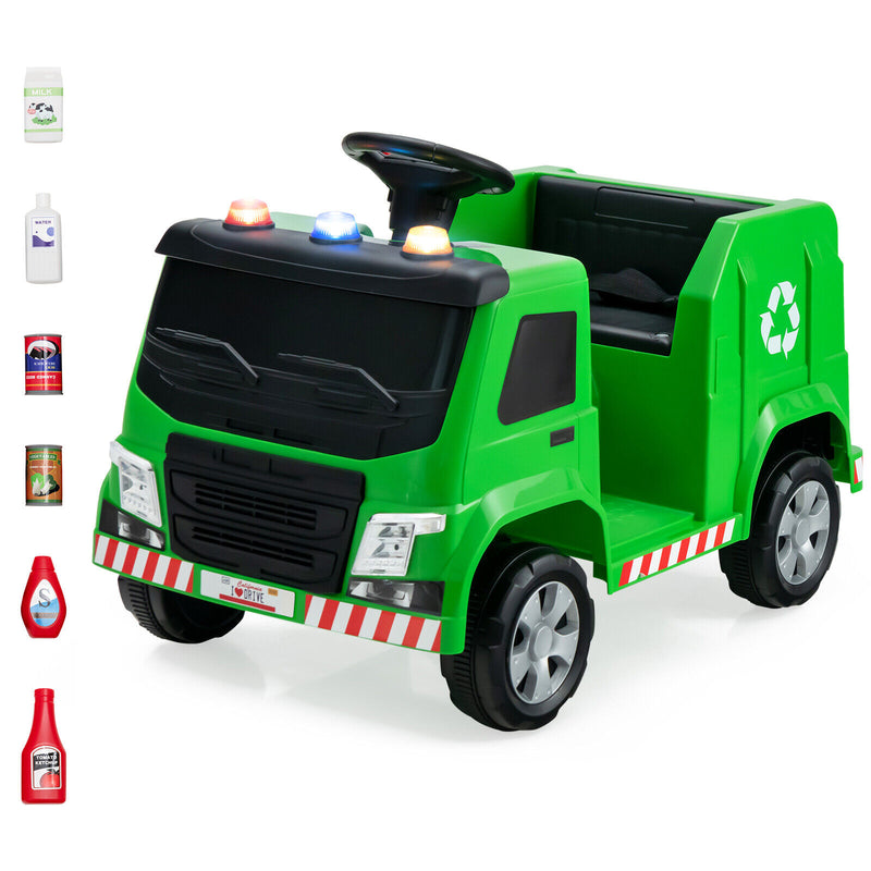 12V Kids Ride-on  Garbage Truck with Warning Lights and 6 Recycling Accessories-Green