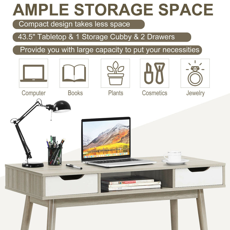 Stylish Computer Desk Workstation with 2 Drawers and Solid Wood Legs-Oak