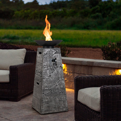 48 Inch Propane Fire Bowl Column with Lava Rocks and PVC Cover-Gray