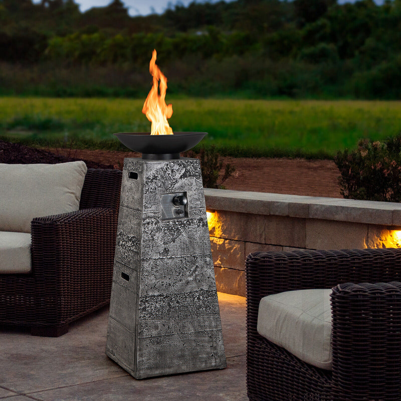 48 Inch Propane Fire Bowl Column with Lava Rocks and PVC Cover-Gray