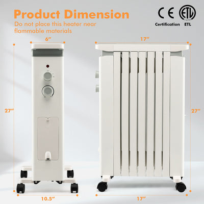 1500W Portable Oil Filled Radiator Heater with 3 Heat Settings-White