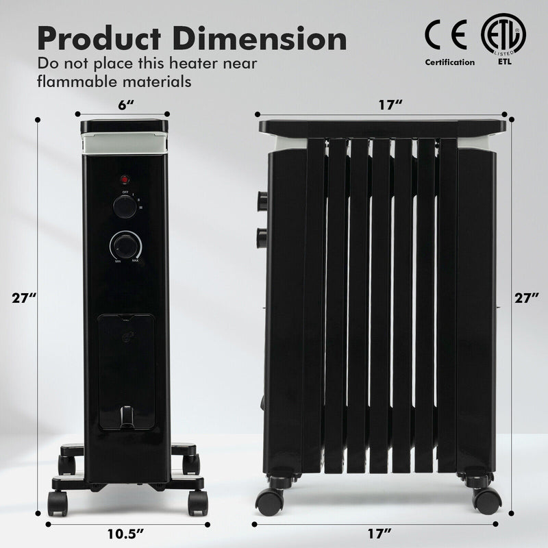 1500W Portable Oil Filled Radiator Heater with 3 Heat Settings-Black