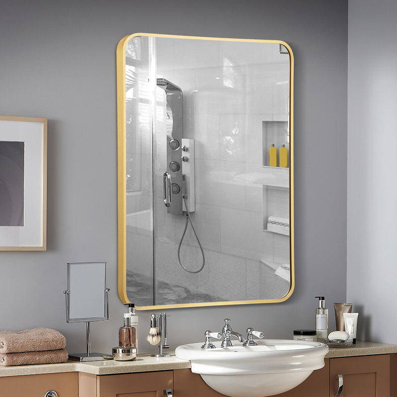 Metal Framed Bathroom Mirror with Rounded Corners-Golden