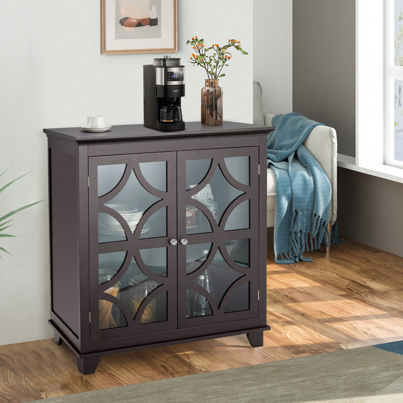 Kitchen Buffet Sideboard with Glass Doors and Adjustable Shelf-Brown