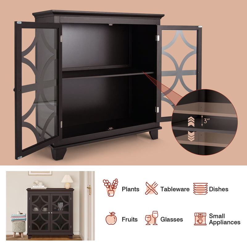 Kitchen Buffet Sideboard with Glass Doors and Adjustable Shelf-Brown