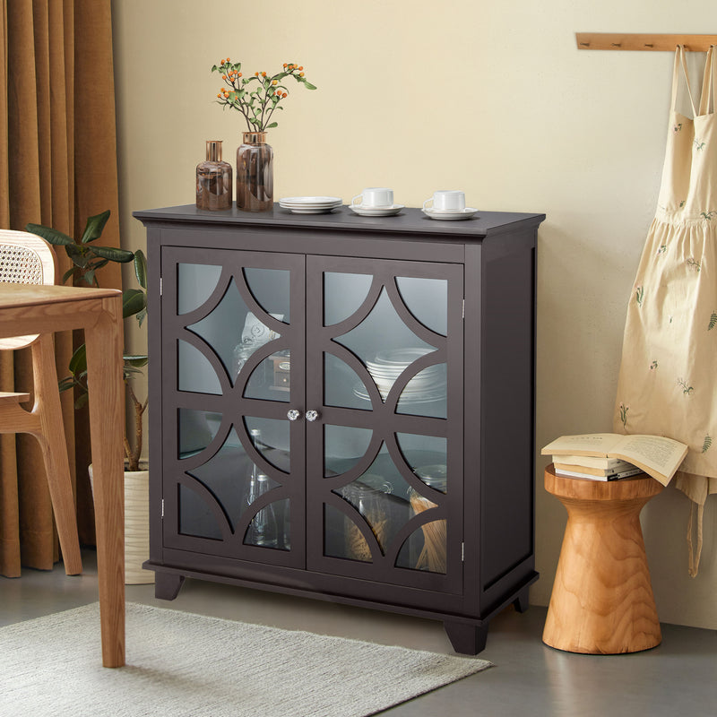 Kitchen Buffet Sideboard with Glass Doors and Adjustable Shelf-Brown