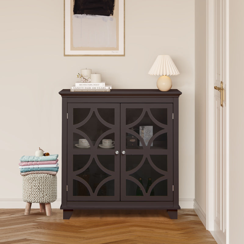 Kitchen Buffet Sideboard with Glass Doors and Adjustable Shelf-Brown