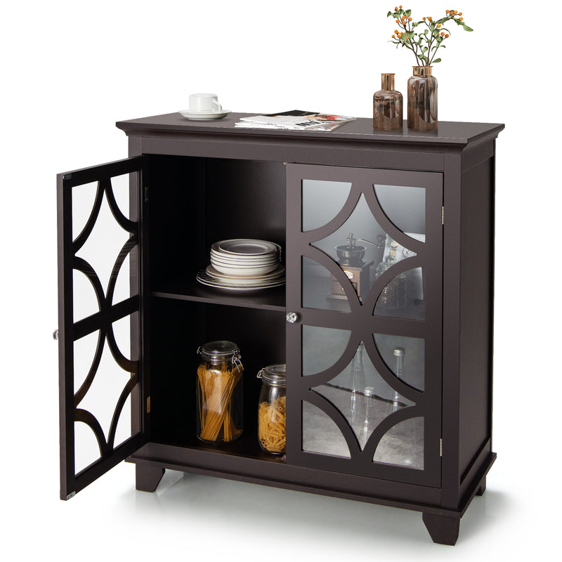 Kitchen Buffet Sideboard with Glass Doors and Adjustable Shelf-Brown