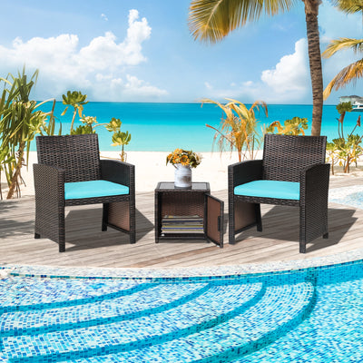 3 Pieces Patio Wicker Furniture Set with Storage Table and Protective Cover-Turquoise