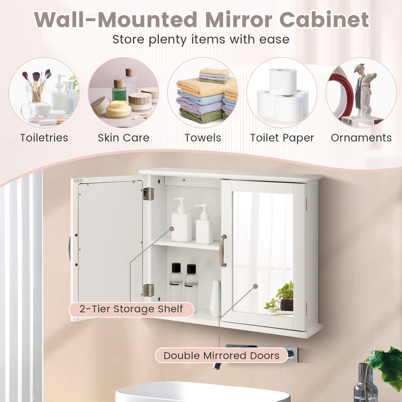 2-Tier Bathroom Wall-Mounted Mirror Storage Cabinet with Handles-White