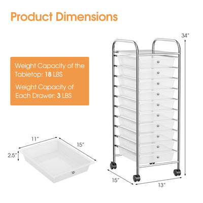 10 Drawer Rolling Storage Cart Organizer with 4 Universal Casters-Transparent