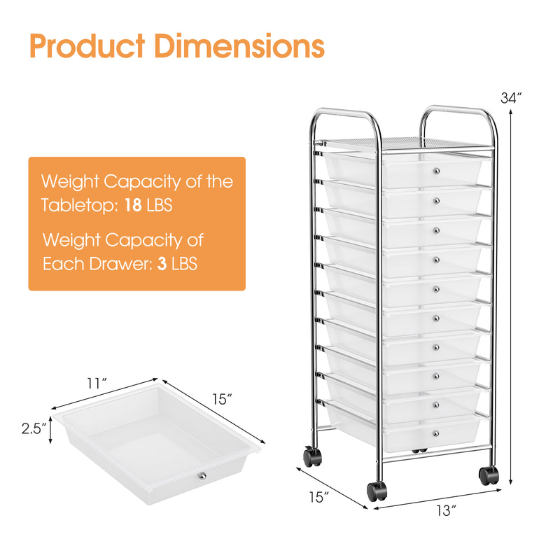 10 Drawer Rolling Storage Cart Organizer with 4 Universal Casters-Transparent