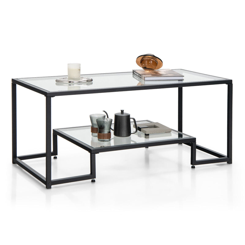 Modern Rectangular Coffee Table with Glass Table Top-Black