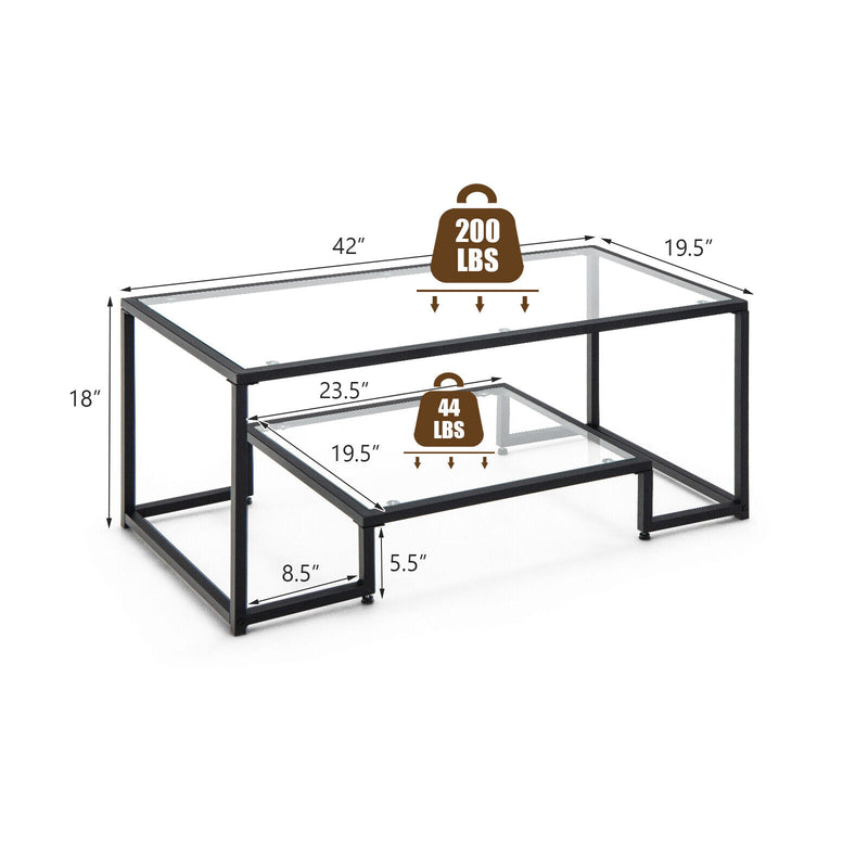 Modern Rectangular Coffee Table with Glass Table Top-Black