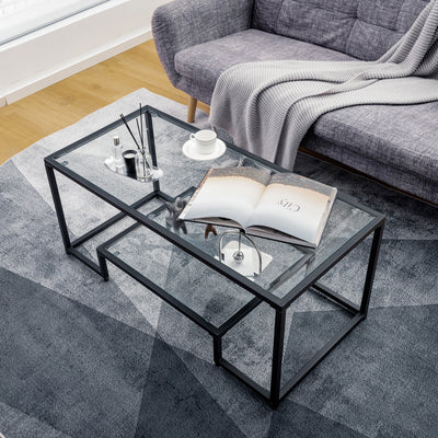 Modern Rectangular Coffee Table with Glass Table Top-Black