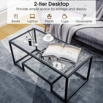 Modern Rectangular Coffee Table with Glass Table Top-Black