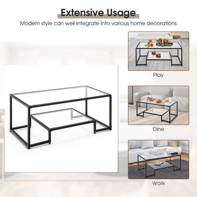 Modern Rectangular Coffee Table with Glass Table Top-Black