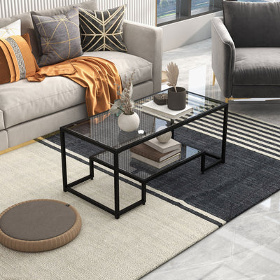 Modern Rectangular Coffee Table with Glass Table Top-Black