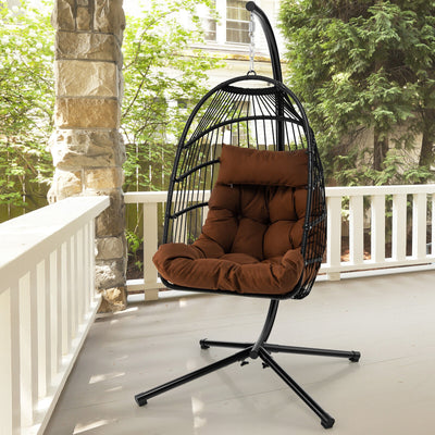 Patio Hanging Egg Chair with Stand Waterproof Cover and Folding Basket-Brown