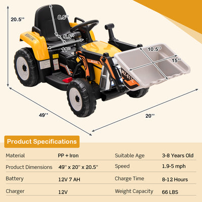 12V Battery Powered Kids Ride on Excavator with Adjustable Arm and Bucket-Yellow