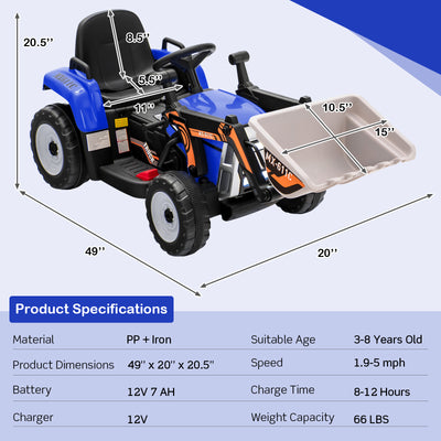 12V Battery Powered Kids Ride on Excavator with Adjustable Arm and Bucket-Blue