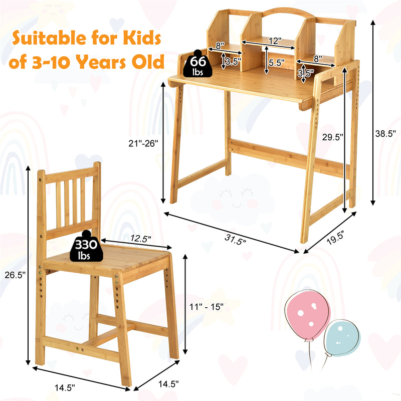 Bamboo Kids Study Desk and Chair Set with Bookshelf