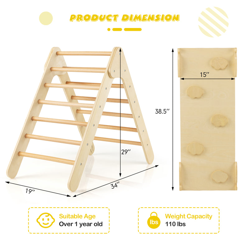 3-in-1 Wooden Climbing Triangle Set Triangle Climber with Ramp-Natural