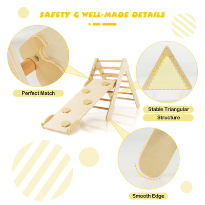 3-in-1 Wooden Climbing Triangle Set Triangle Climber with Ramp-Natural