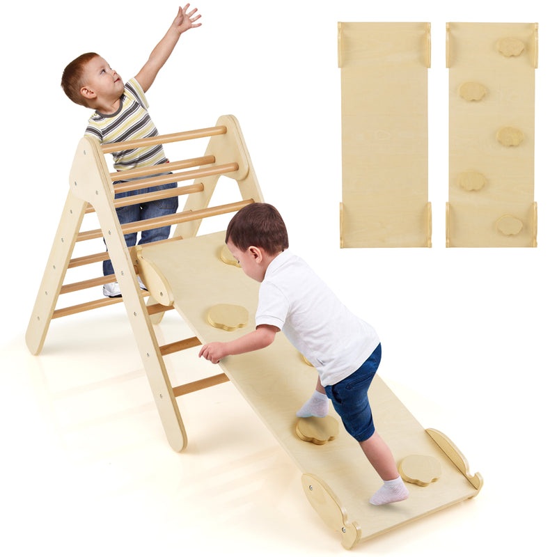 3-in-1 Wooden Climbing Triangle Set Triangle Climber with Ramp-Natural