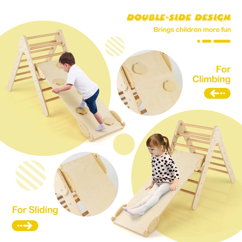 3-in-1 Wooden Climbing Triangle Set Triangle Climber with Ramp-Natural