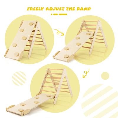 3-in-1 Wooden Climbing Triangle Set Triangle Climber with Ramp-Natural