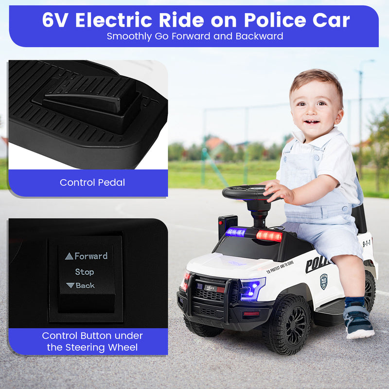 6V Kids Ride On Police Car with Real Megaphone and Siren Flashing Lights-White