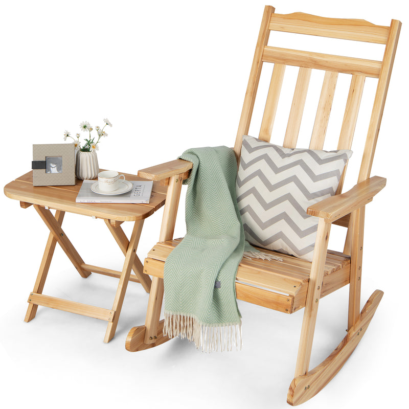 Front Porch Rocking Chair and Foldable Table Set for Outdoors-Natural