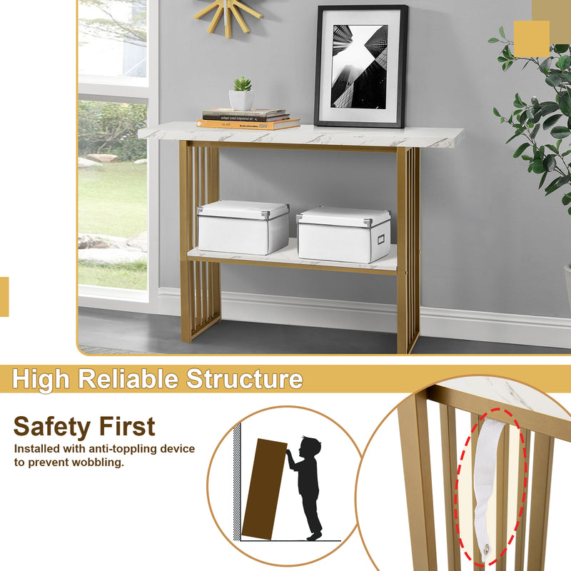 48 Inch 2-Tier Console Table with Gold Finished Frame-White