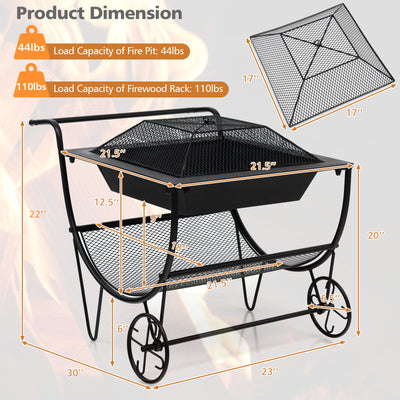 Outdoor Wood Burning Fire Pit with Log Storage Rack and Wheels