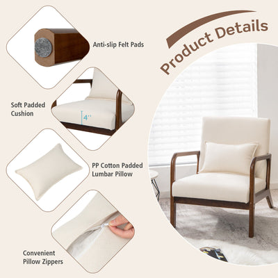 Modern Accent Chair with Rubber Wood Frame and Lumbar Pillow-Beige