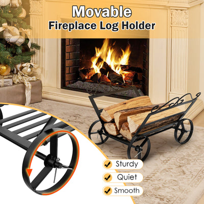 Firewood Rack Decorative Rustproof Steel Fireplace Log Holder with Wheels