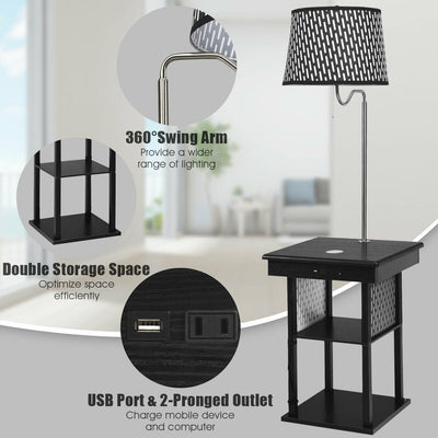 Floor Lamp Bedside Desk with USB Charging Ports and Shelves