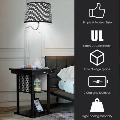 Floor Lamp Bedside Desk with USB Charging Ports and Shelves