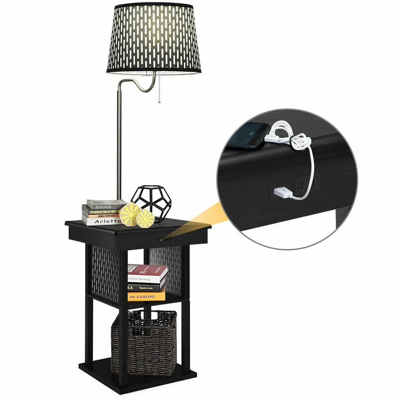 Floor Lamp Bedside Desk with USB Charging Ports and Shelves