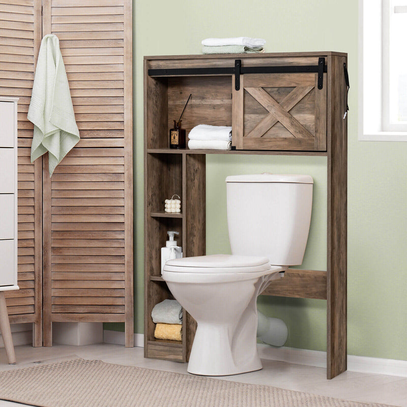 4-Tier Over The Toilet Storage Cabinet with Sliding Barn Door and Storage Shelves-Brown