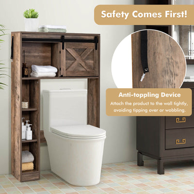 4-Tier Over The Toilet Storage Cabinet with Sliding Barn Door and Storage Shelves-Brown