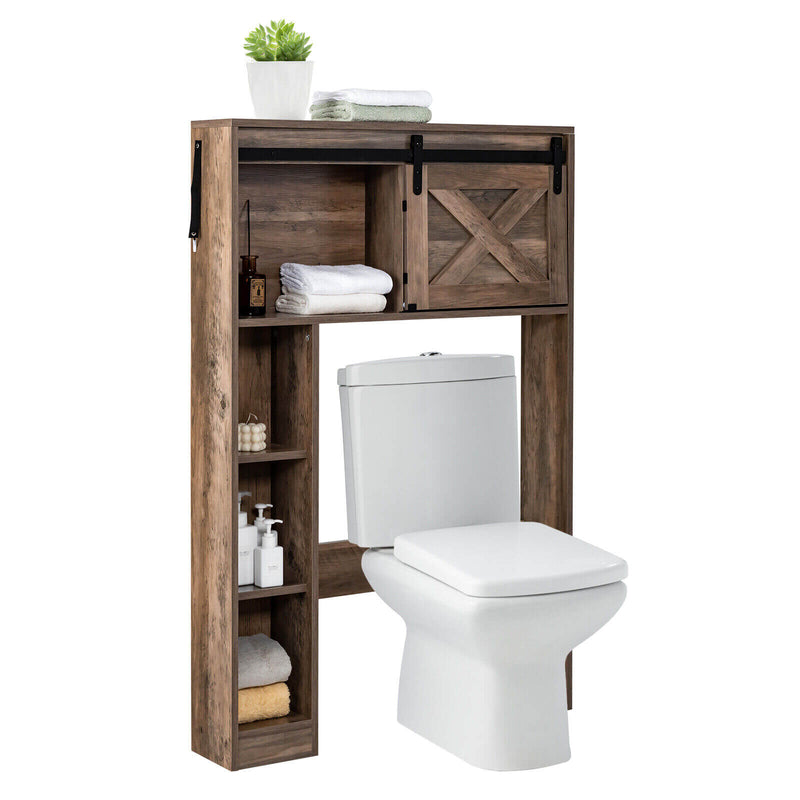 4-Tier Over The Toilet Storage Cabinet with Sliding Barn Door and Storage Shelves-Brown