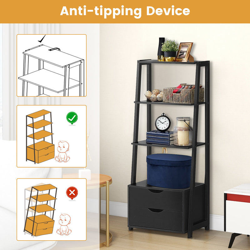 4-Tier Ladder Bookshelf Storage Display with 2 Drawers