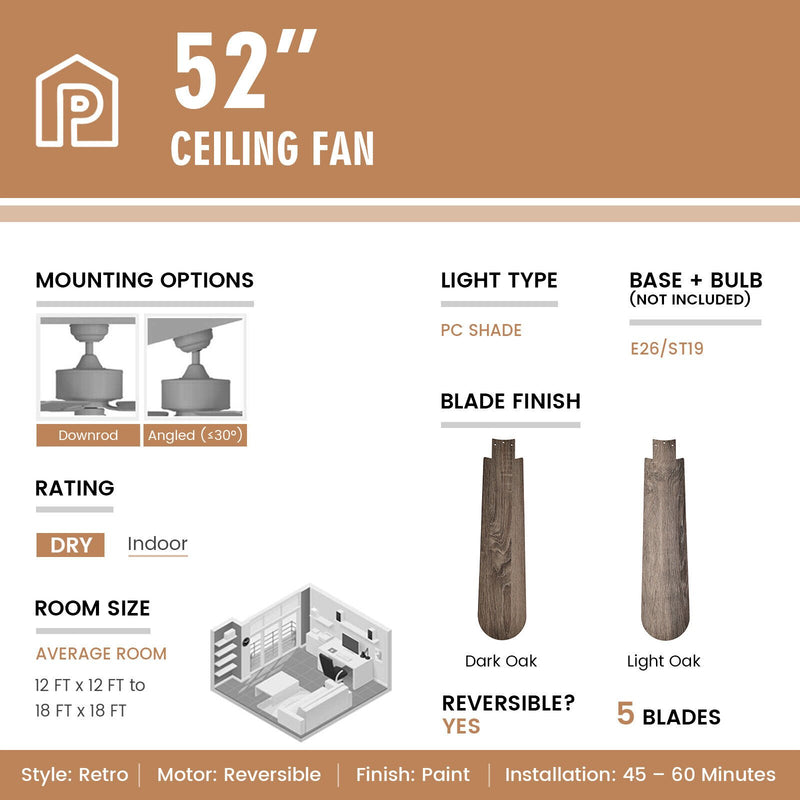 52 Inches Ceiling Fan with Remote Control-Oak