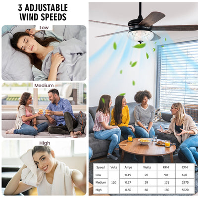 52 Inches Ceiling Fan with Remote Control-Walnut