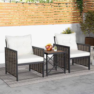 3 Pieces Patio Rattan Furniture Set with Acacia Wood Tabletop-White